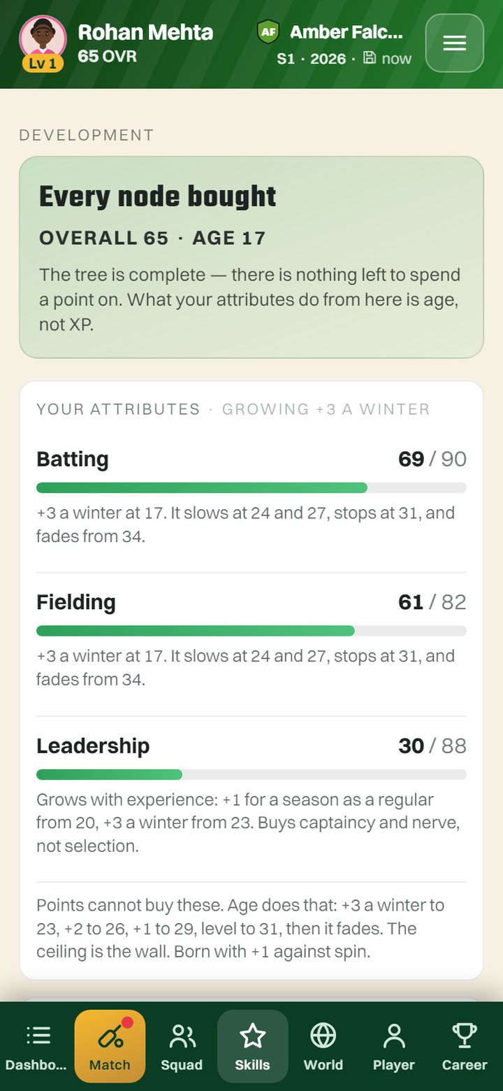 Wicket Empire skill tree: lanes of nodes, each a thing that happens at the crease