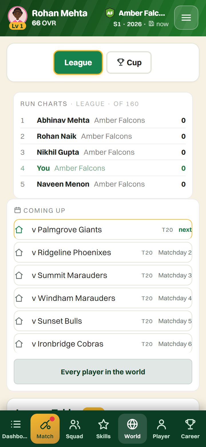 Wicket Empire world tab: rankings, records and the every-player browser