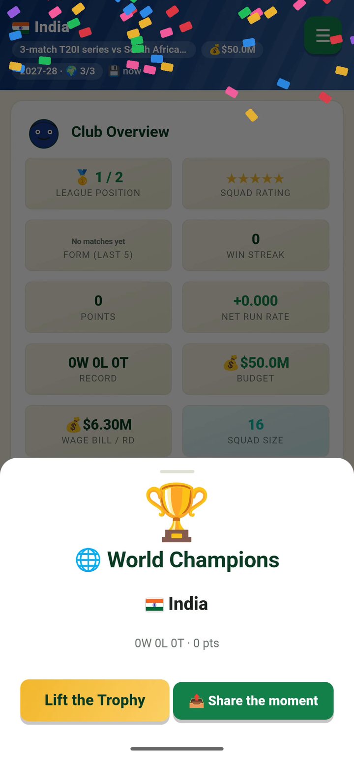 Wicket Empire world champions trophy lift
